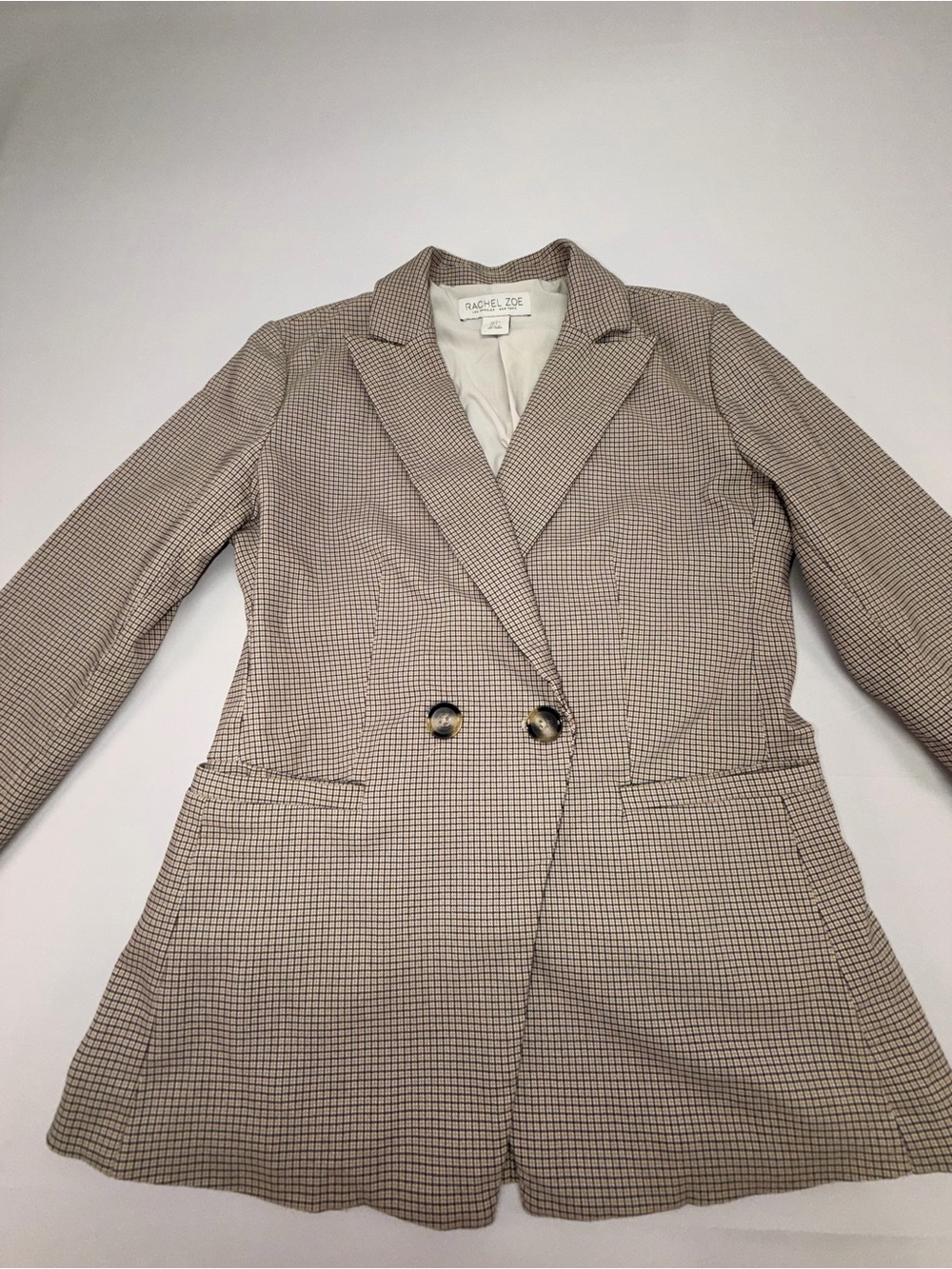 Rachel Zoe Women’s S Plaid Blazer Navy Tan Double Breasted Career Jacket